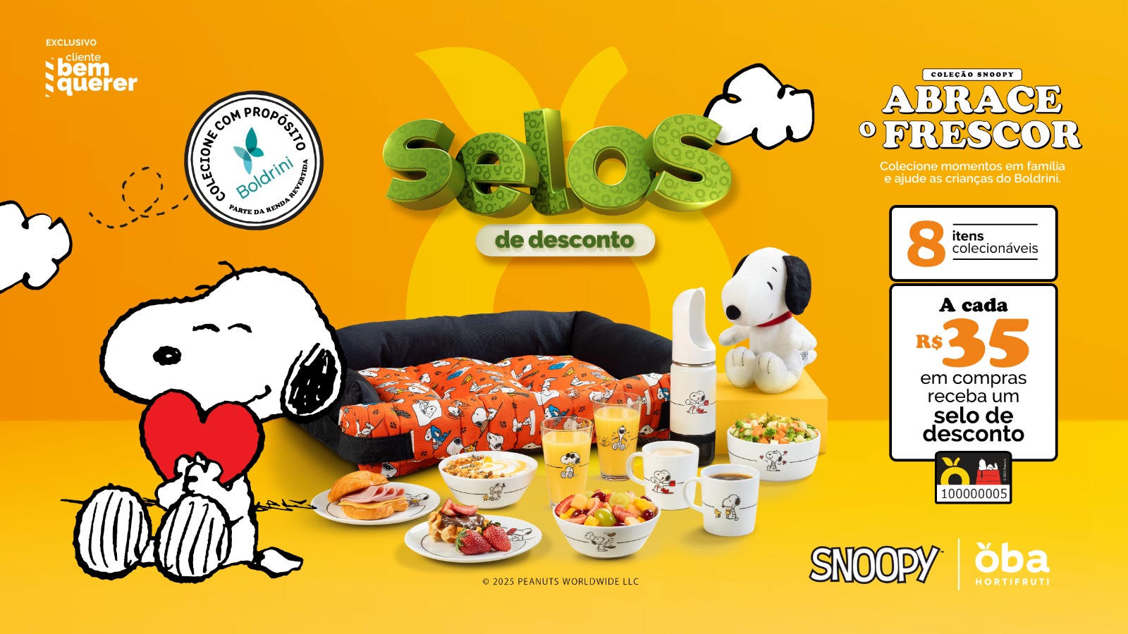 Oba Hortifruti lança Campanha Selos de Desconto com produtos do Snoopy e parte da renda será revertida para instituição de combate ao câncer pediátrico